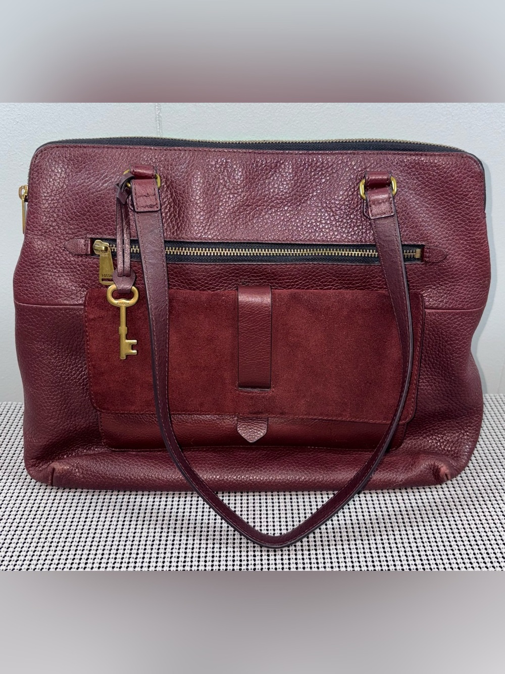 Fossil Burgundy Leather Suede Tote Shoulder Bag Key Charm Gold Hardware